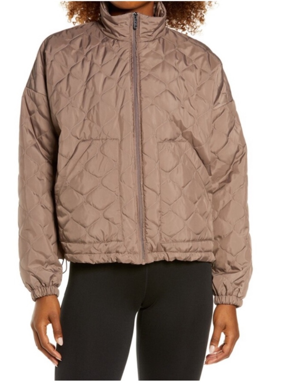 Zella All Day Quilted Puffer Bomber Jacket in Grey Sparrow (Taupe) VGUC